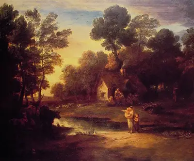 Wooded Landscape with Cattle by a Pool and a Cottage at Evening Thomas Gainsborough